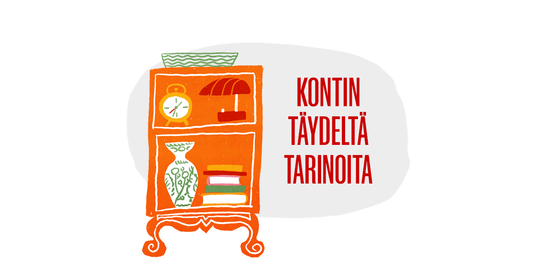 Piirroskuvassa oranssi hyllykkö ja teksti "Tarinoita Kontin täydeltä"