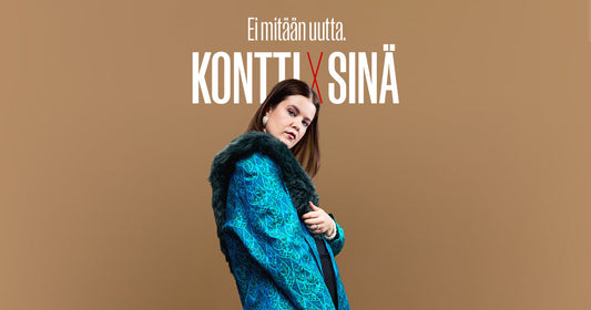 Henkilö poseeraa kameralle. Kuvan päällä teksti Ei mitään uutta. Kontti X Sinä.