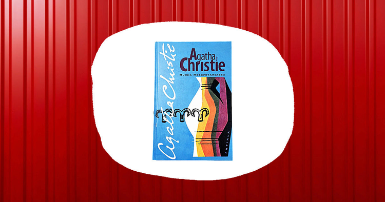 Agatha Christien kirja Murha Mesopotamiassa valkoisella taustalla, reunoilla punainen Kontti-seinä.