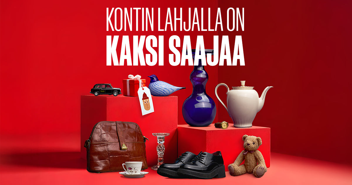 Punaisella taustalla erilaisia lahjaksi sopivia tuotteita: leluja, koriste-esineitä, asusteita. Kuvassa teksti: Kontin lahjalla on kaksi saajaa.