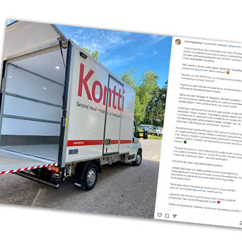 Ruutukaappaus ammattijärjestäjän Instagram-tililtä: postauksessa pitkä teksti ja kuvassa Kontin kuljetusauto.