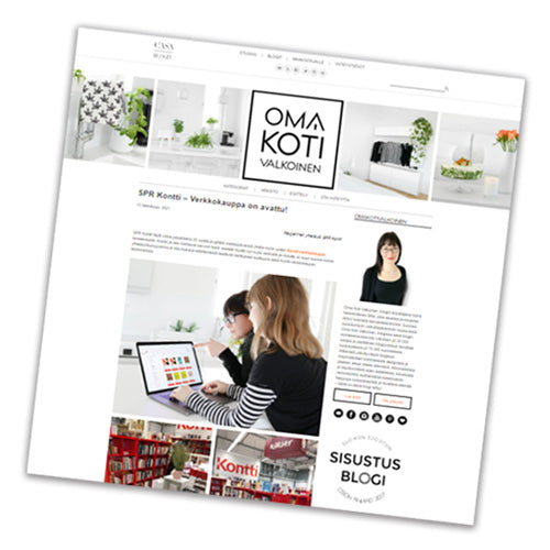 Kuvakaappaus Oma Koti Valkoinen -blogin sivusta, jossa näkyy Kontti-artikkeli osittain. Yläreunassa blogin logo ja sisustuskuvia.