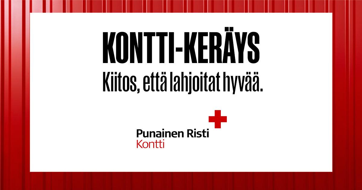 Kontti-keräyksen mainos, jossa punainen konttiseinä, Kontin logo ja teksti "Kiitos, että lahjoitat hyvää".