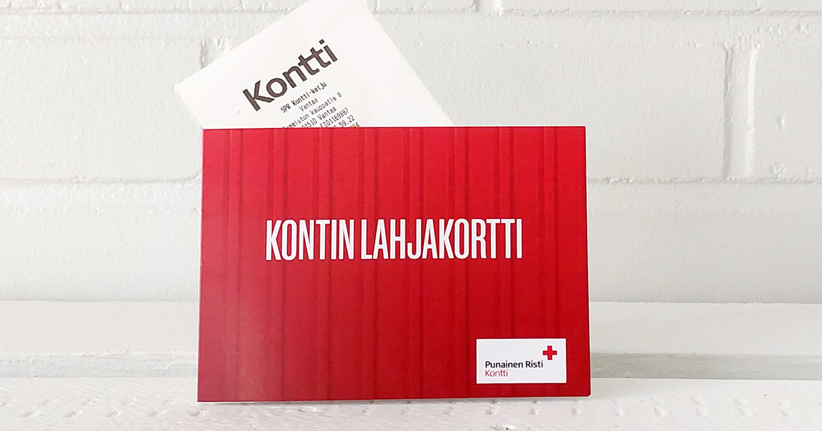 Kontti-ketjun lahjakortti Kontin punaisessa pahvikotelossa.