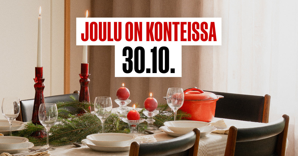 Jouluinen kattaus, jossa kynttilöitä ja punainen pata. Kuvanssa teksti "Joulu on Konteissa 30.10."