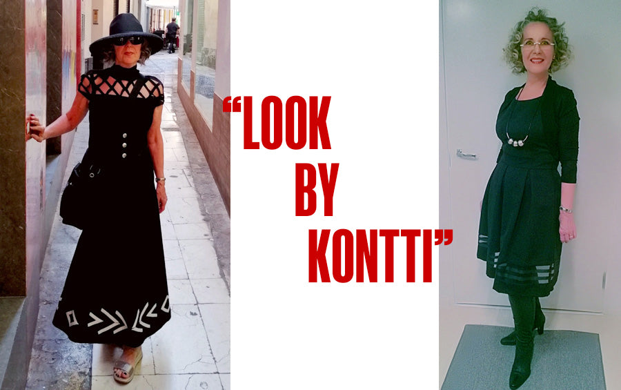 Kollaasi, jossa nainen esittelee asuja ja kuvan keskellä teksti Look by Kontti.