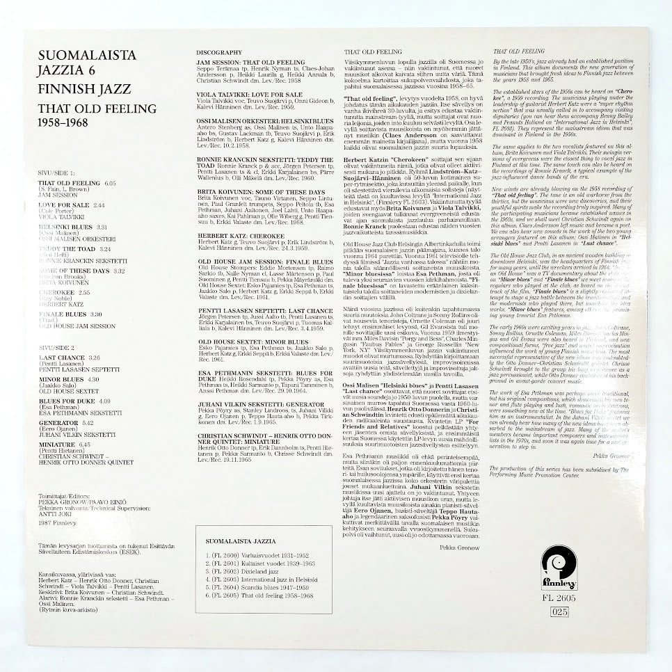 Suomalaista Jazzia 6 - Finnish Jazz That Old Feeling 1958-1968 LP