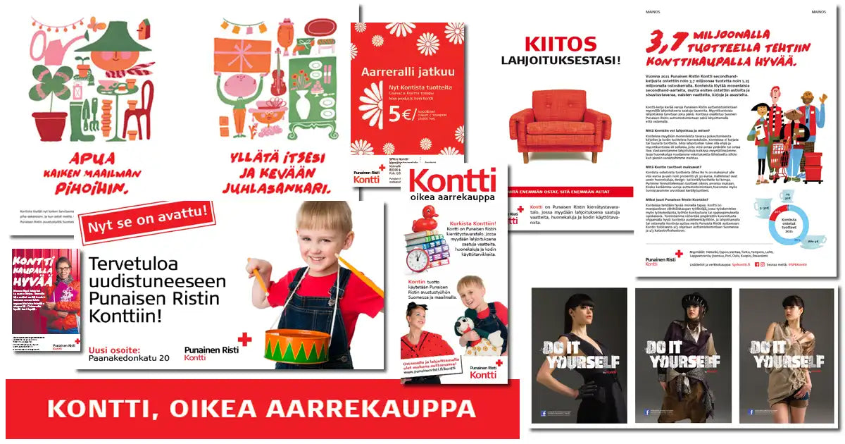 Kollaasi Kontin vanhoista mainosmateriaaleista