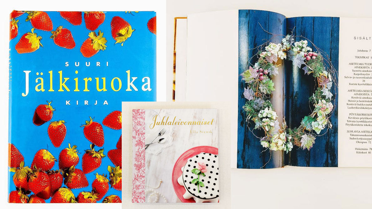 Kollaasissa juhlakirjavalikoimaa: jälkiruokia, leivonnaisia, juhlien koristeluita.