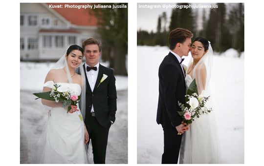 Kahden kuvan kollaasi talvisista hääkuvista. Kuvan yläreunassa tekijänoikeudesta kertova teksti: "Kuvat: photography Juliaana Jussila"