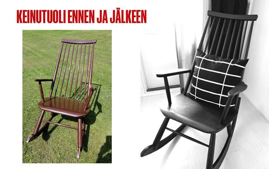 Kollaasi, jossa vasemmalla ruskea kulunut keinutuoli ja oikealla musta, kunnostettu tuoli.