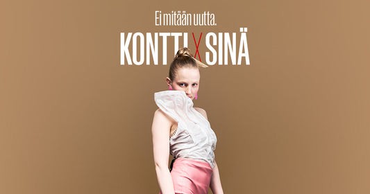 Henkilö poseeraa kameralle. Kuvan päällä teksti Ei mitään uutta. Kontti X Sinä.