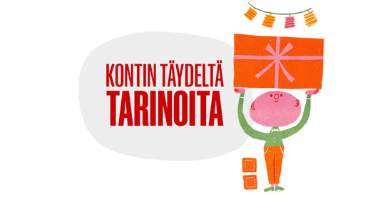 Piirroskuva isoa lahjapakettia pitelevästä lapsesta ja kuvassa teksti "Kontin täydeltä tarinoita"