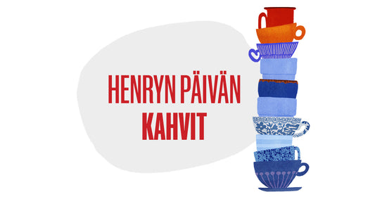 Piirroskuvassa kahvikuppeja korkeassa pinossa. Kuvassa teksti Henryn päivän kahvit