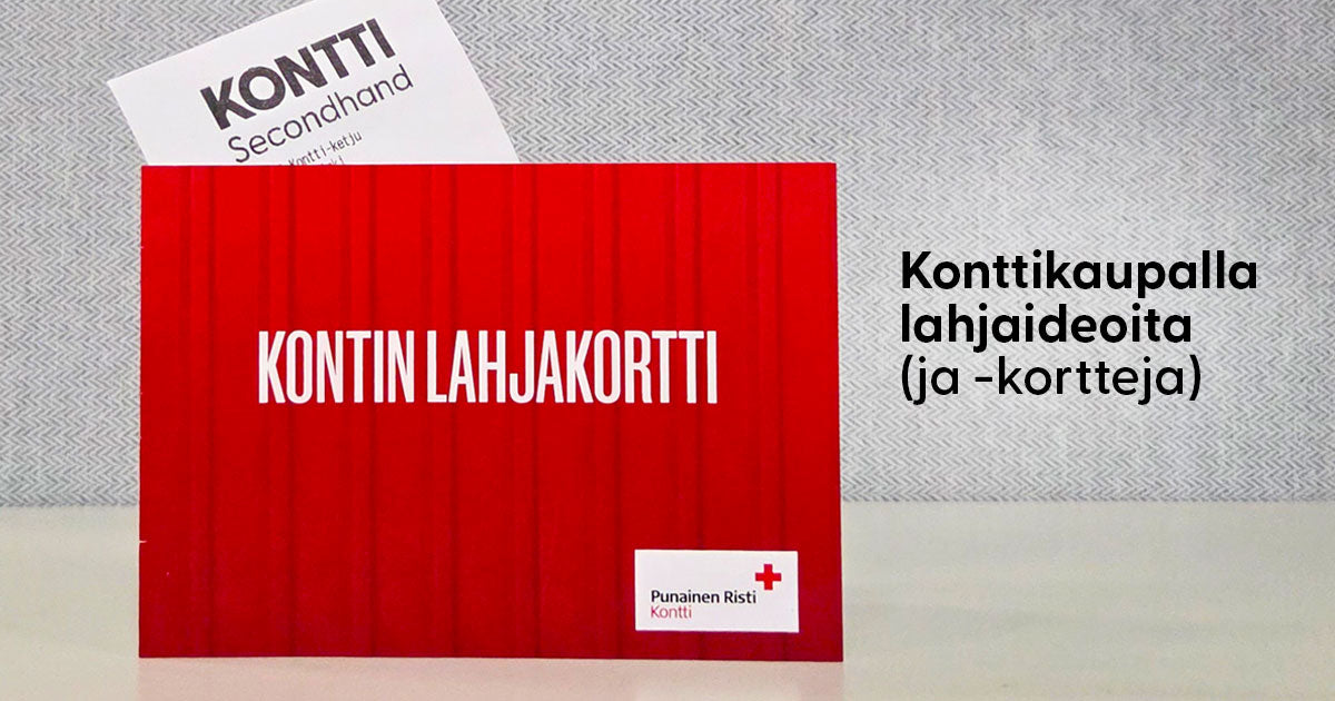 Punainen pahvikotelo, jossa lukee "Kontin lahjakortti". Kuvassa teksti: "Konttikaupalla lahjaideoita (ja -kortteja)"