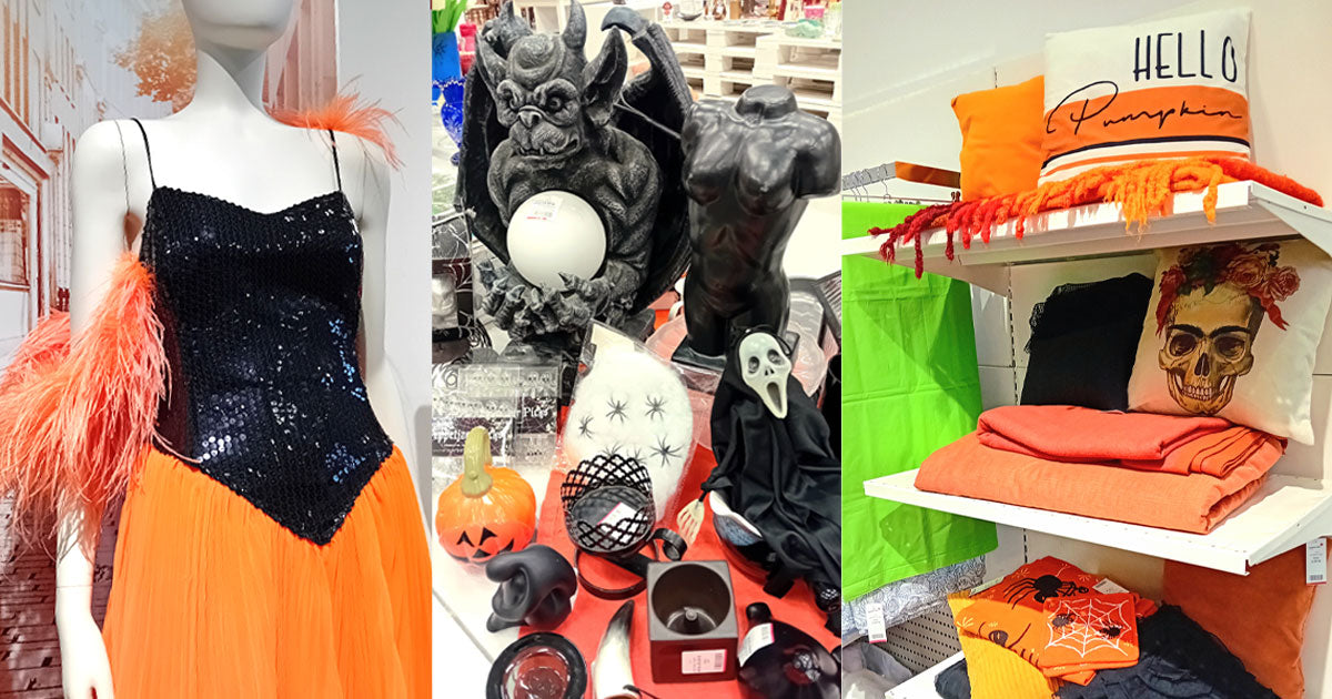 Kollaasi halloween-sisustuksesta ja oranssi-musta juhla-asu