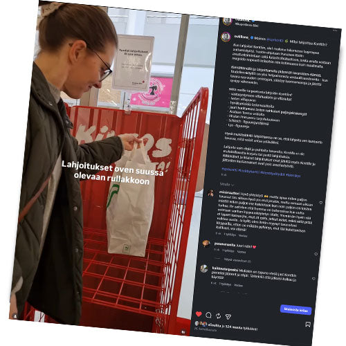 Kuva Instagram-postauksesta, jossa henkilö laittamassa paperikassia punaiseen rullakkoon, ja vieressä kommenttikenttä.