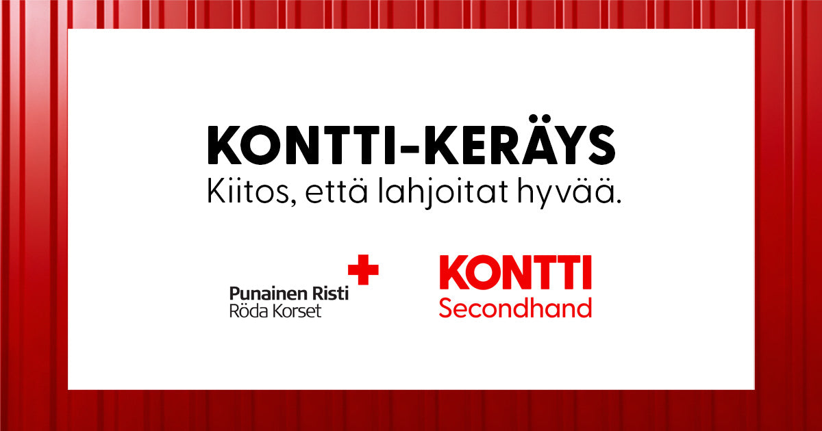 Punavalkoinen tausta, jossa teksti: "Kontti-keräys. Kiitos, että lahjoitat hyvää." Alla Suomen Punaisen Ristin ja Kontin logot.