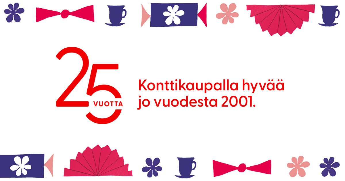 Juhlavaa kuvitusta ja teksti "25 vuotta. Konttikaupalla hyvää jo vuodesta 2001."