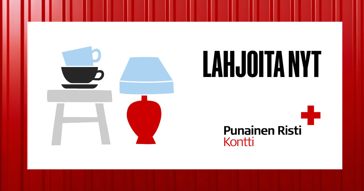 Piirroskuva kahvikupeista, jakkarasta ja pöytälampusta. Teksti: Lahjoita nyt. Tekstin alla Kontin logo.