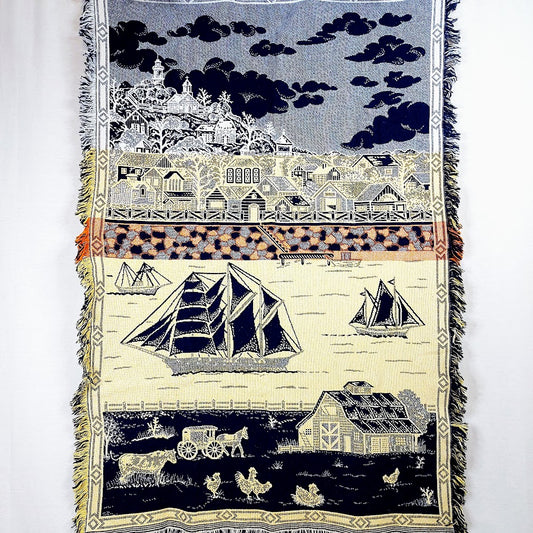 Maalaiskylä ja purjelaivat torkkupeitto 100x150 cm
