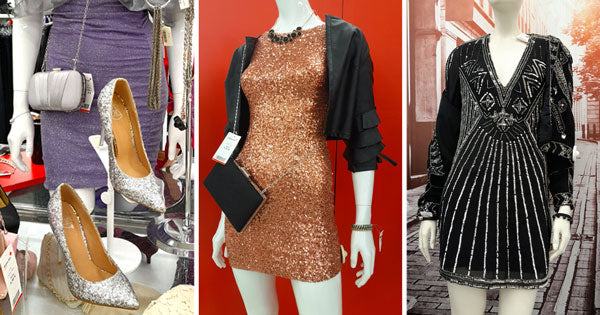 Kolmen kuvan kollaasi, jossa kolme erilaista paljettimekkoa ja niihin sopivia laukkuja