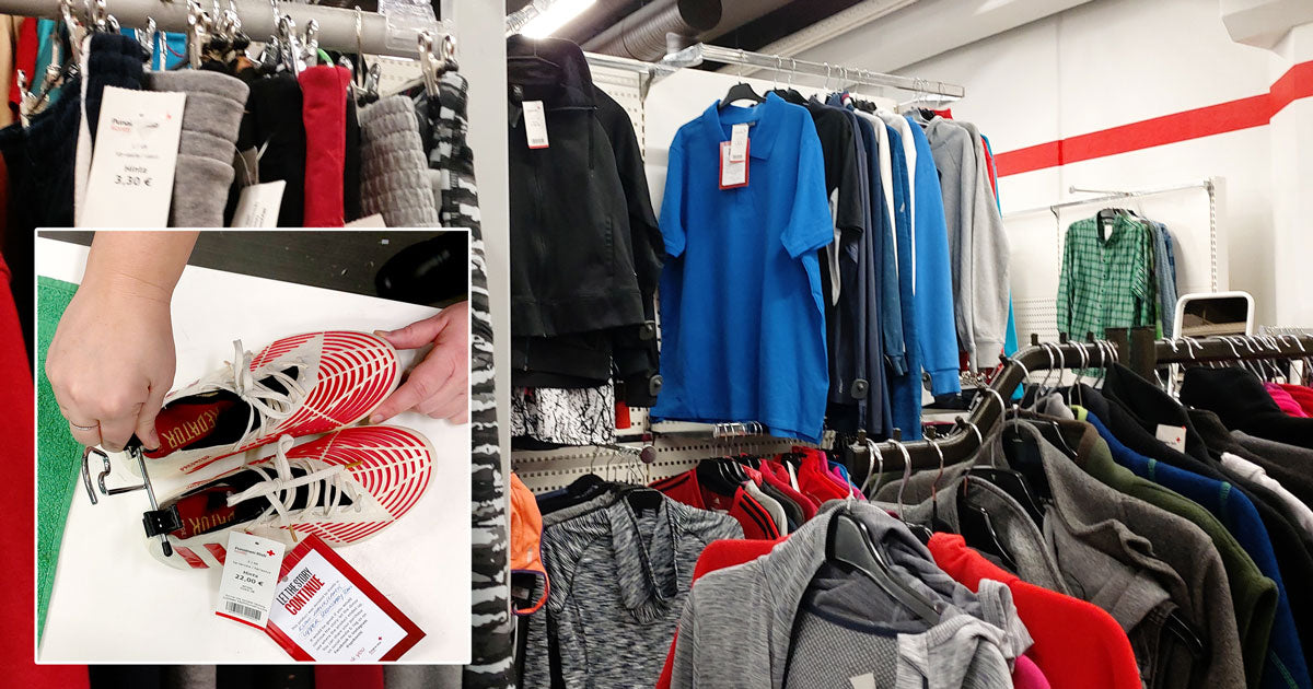 Kahden kuvan kollaasi: pikeepaita roikkuu myymälässä vaaterekeissä, ja jalkapallonappulakenkiin laitetaan koukkua.