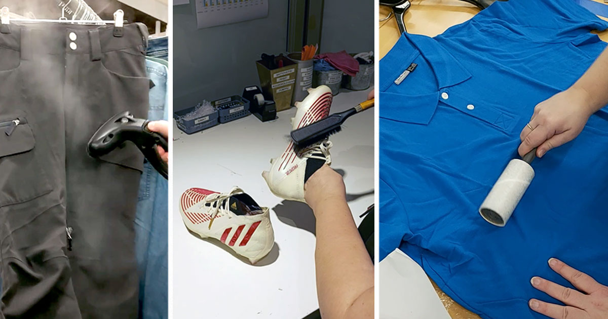 Kolmen kuvan kollaasi: lasketteluhousuja höyrytetään, nappiksia harjataan ja pikeepaitaa siistitään teippirullalla.