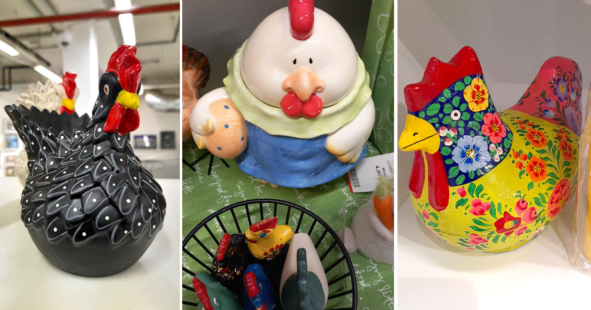 Kolmen kuvan kollaasi: keraamisia eri tavoin koristeltuja kukkoja ja kanoja. 