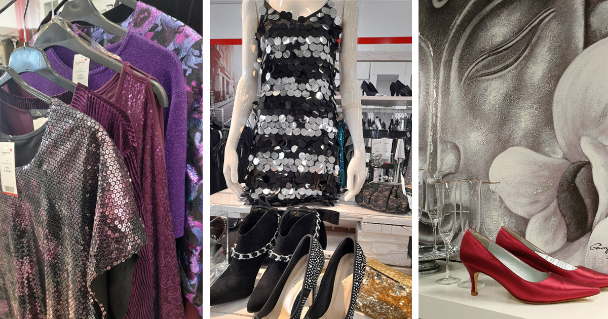 Kolmen kuvan kollaasissa erilaisia paljettivaatteita ja kimaltelevia asusteita