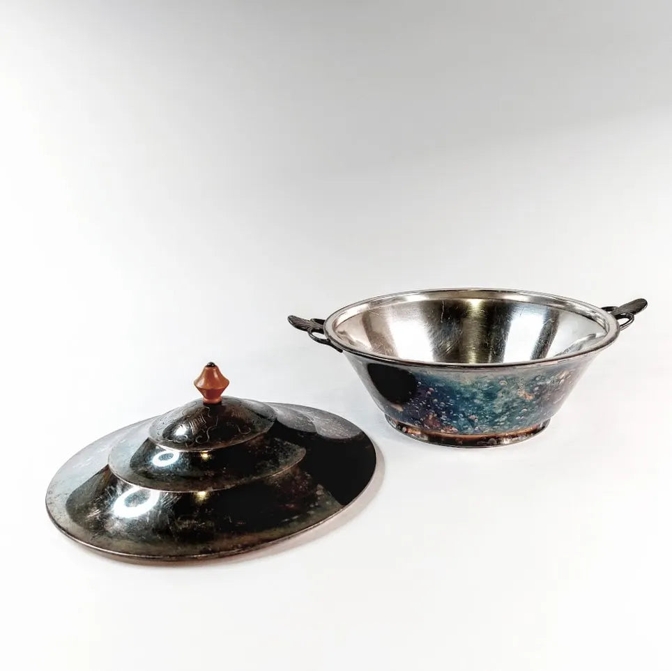 GAB hopeoitu kannellinen art deco kulho 20,5 cm