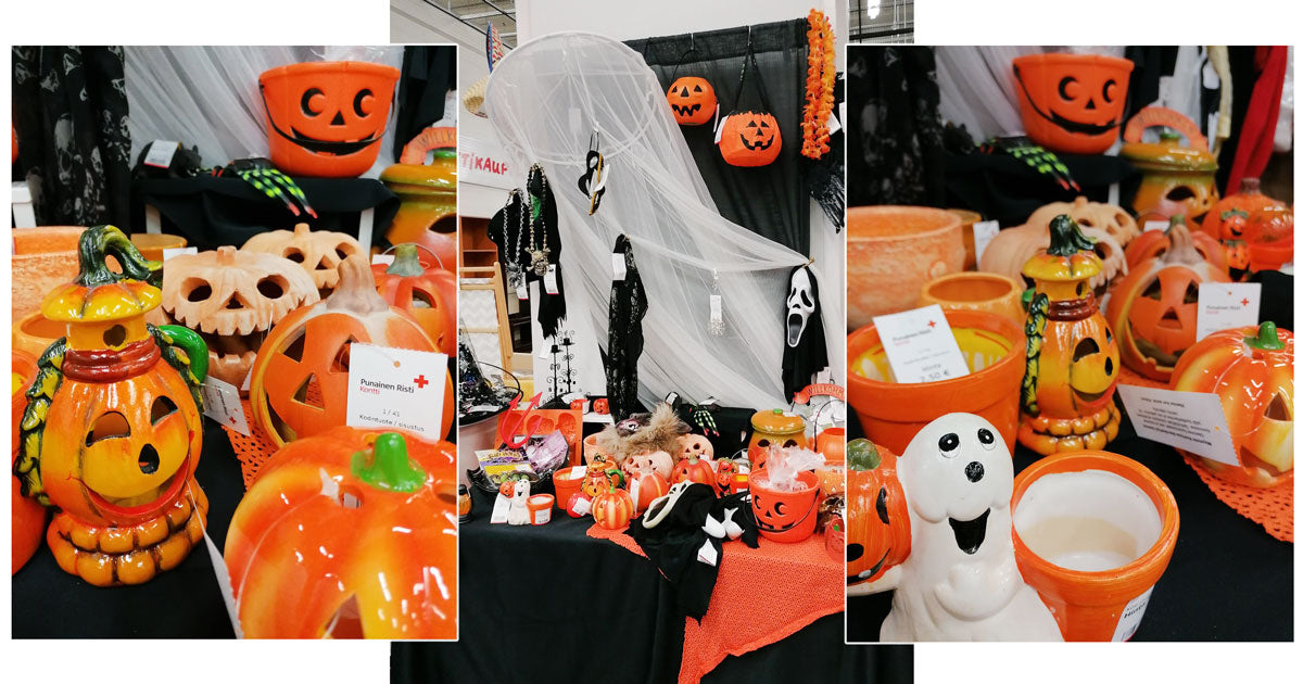 Kolmen kuvan kollaasi halloween-tuotteista: mustia, oransseja ja valkoisia esineitä, mm. kurpitsoja ja haamuja.