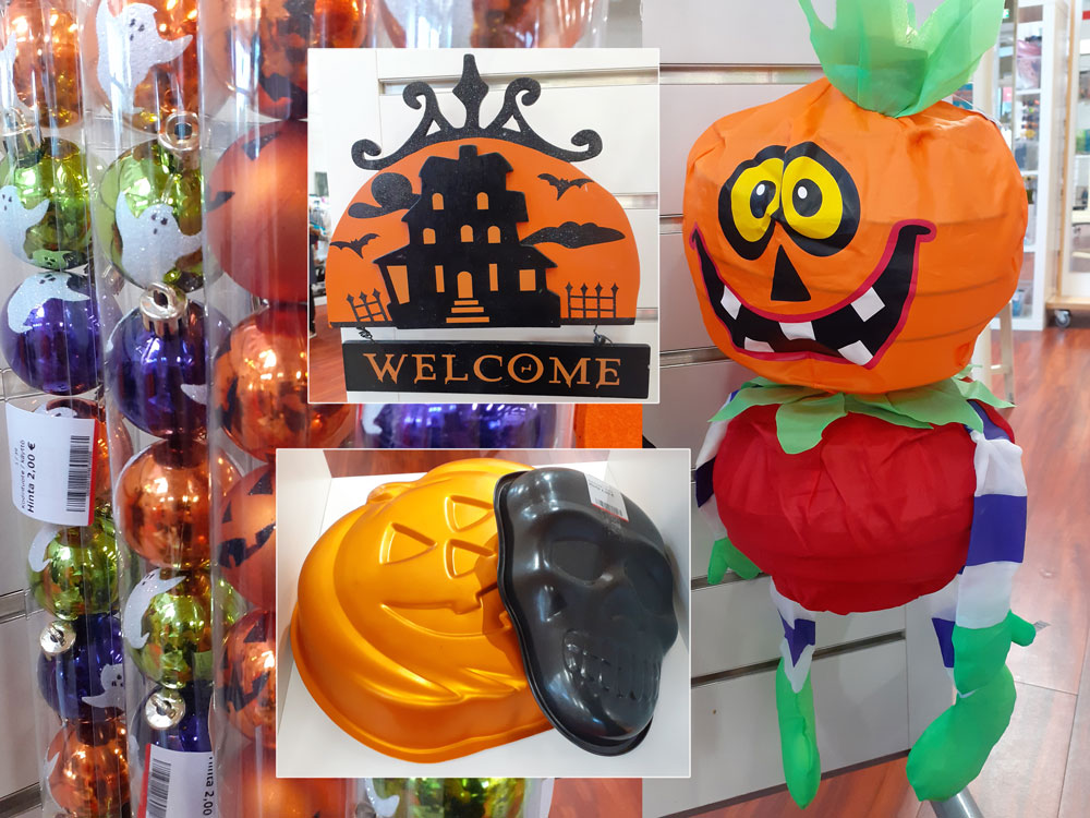 Erilaisia halloween-koristeita kuvakollaasissa