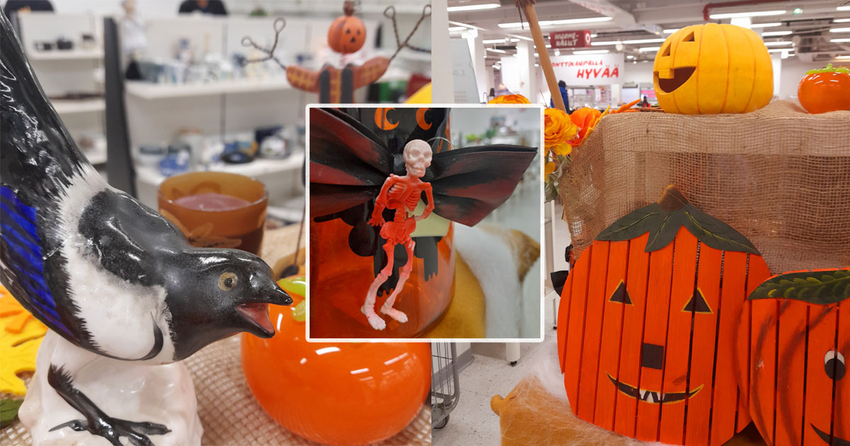 Kuvakollaasissa halloween-koristeita, myös posliininen iso harakka