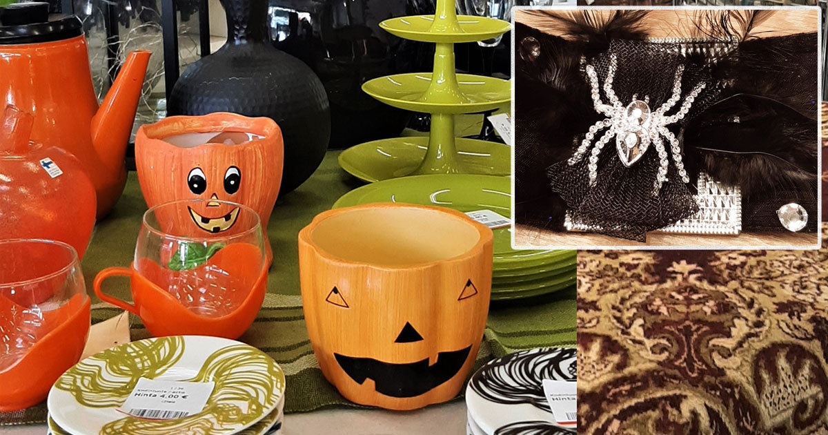 Kuvakollaasissa erilaisia halloween-koristeita, oransseja astioita ja iso timattihämähäkki mustassa sulkahatussa
