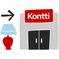 Piirroskuva Kontin etuovesta, vieressä maljakko ja nuoli kohti Konttia.