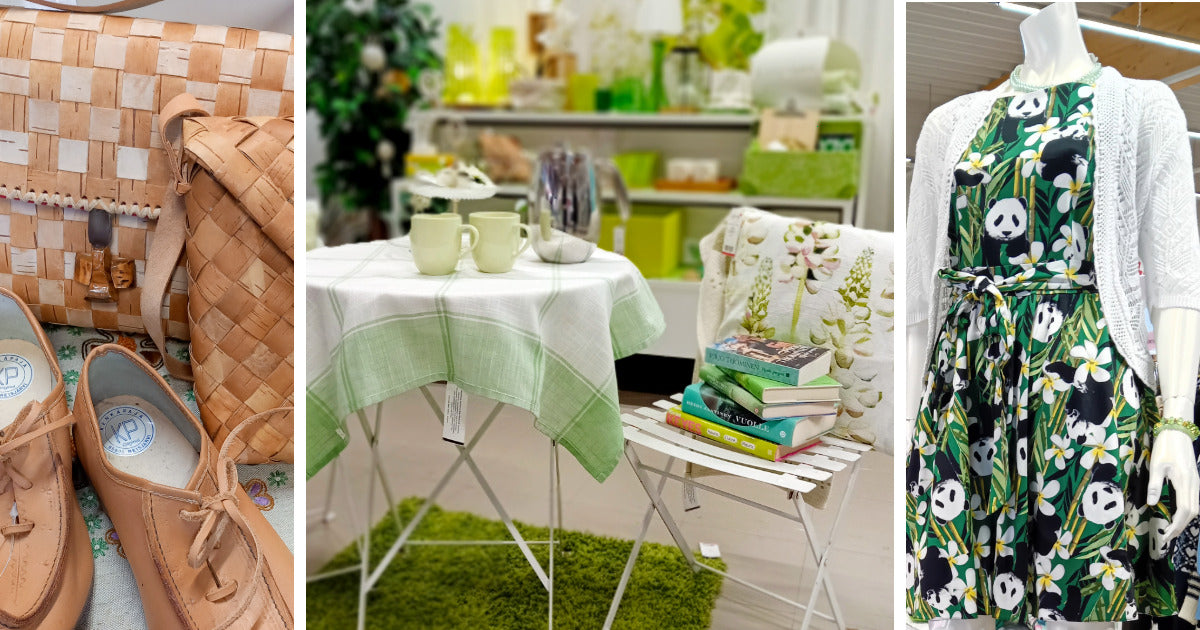 Kolme kuvaa Joensuun Kontista: tuohireput, parvekesisustus ja kirjava mekko mallinuken päällä.