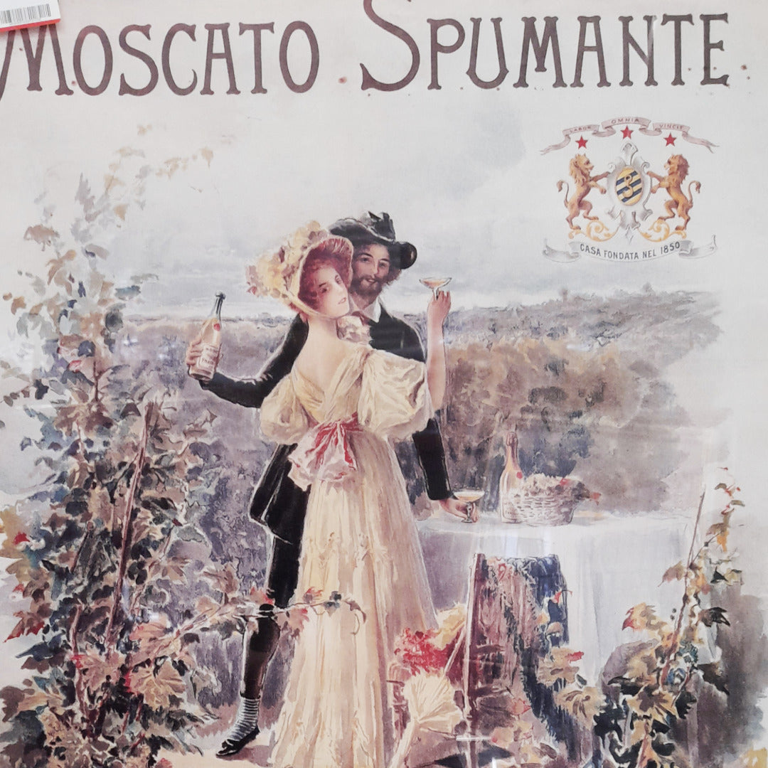 Ard deco -tyylinen juliste, jossa on nainen ja mies, ja yläreunassa teksti Moscato Spumante.