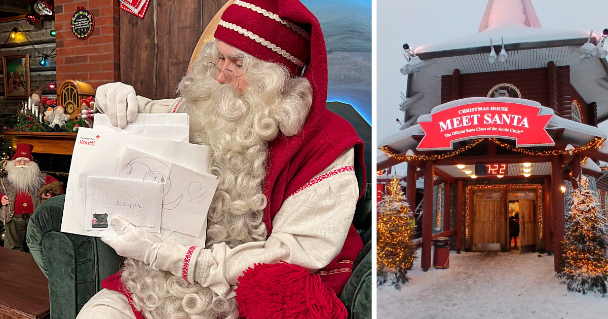 Kaksi kuvaa: vasemmalla Joulupukki katsoo saamiaan kirjeitä, oikealla Joulupukin talon koristeltu etuovi ulkopuolelta kuvattuna.