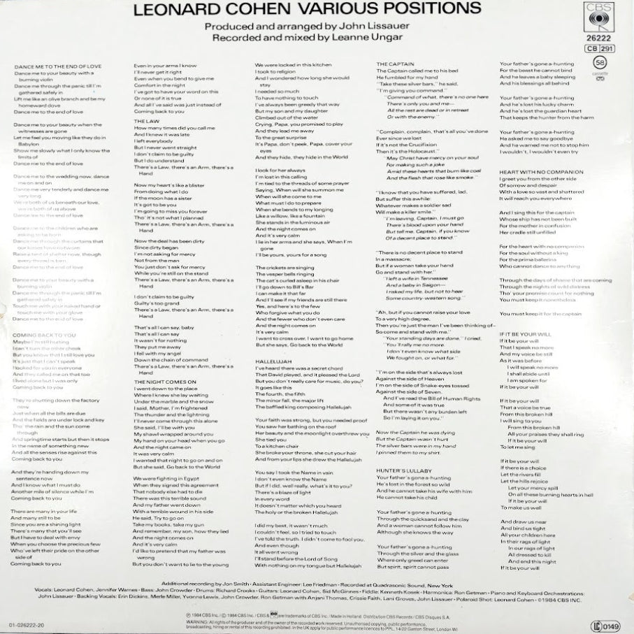 Leonard Cohen Various Positions-vinyyli