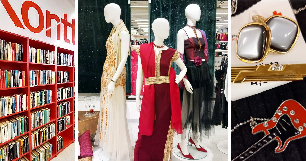 Kolme kuvaa Itiksen Kontista: kirjoja hyllyssä, mallinuket juhlamekoissa sekä miesten asusteita kuten solmioneula ja kalvosinnapit.