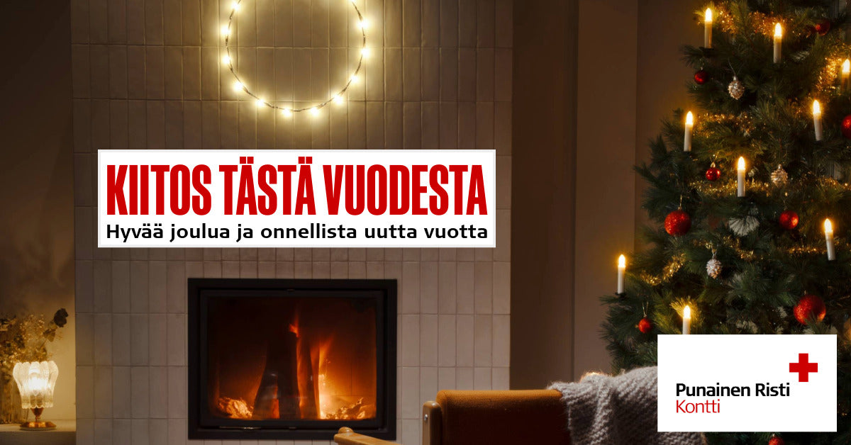 Kuva olohuoneesta, jossa on joulukuusi, takassa tuli ja takan yläosassa pyöreä valokanssi. Teksti: Kiitos tästä vuodesta. Hyvää joulua ja onnellista uutta vuotta. Alhaalla Punaisen Ristin Kontin logo.