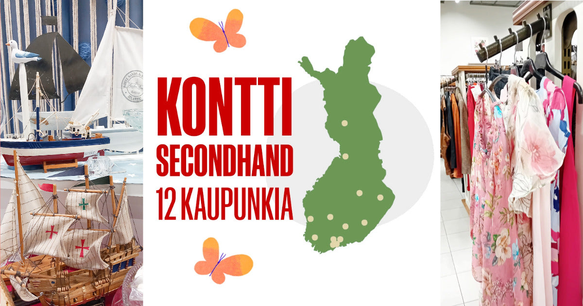Kolme kuvaa, joissa purjevenepienoismalleja, kesämekkoja henkareissa ja keskellä piirroskuva Suomen kartasta ja teksti: Kontti Secondhand 12 kaupunkia.