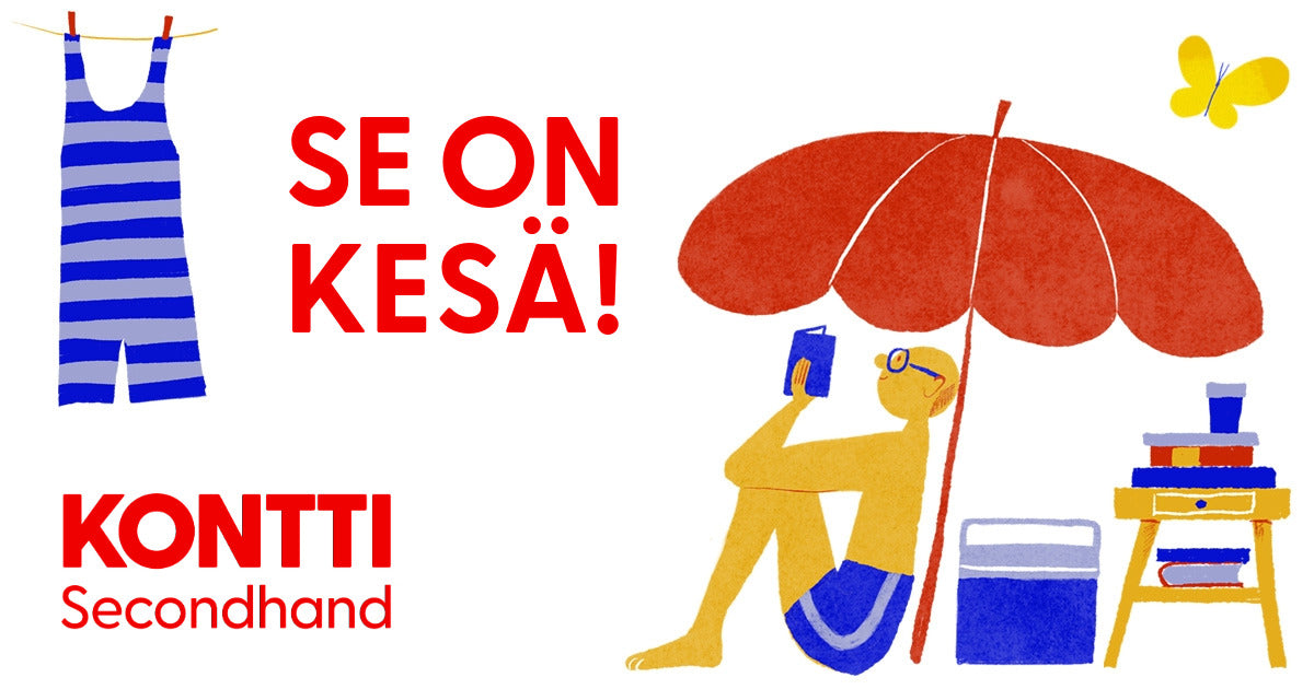 Kesäistä piirroskuvitusta: uimapuku, aurinkovarjo, henkilö shortseissa. Kuvassa tekstit "Se on kesä!" sekä "Kontti Secondhand".