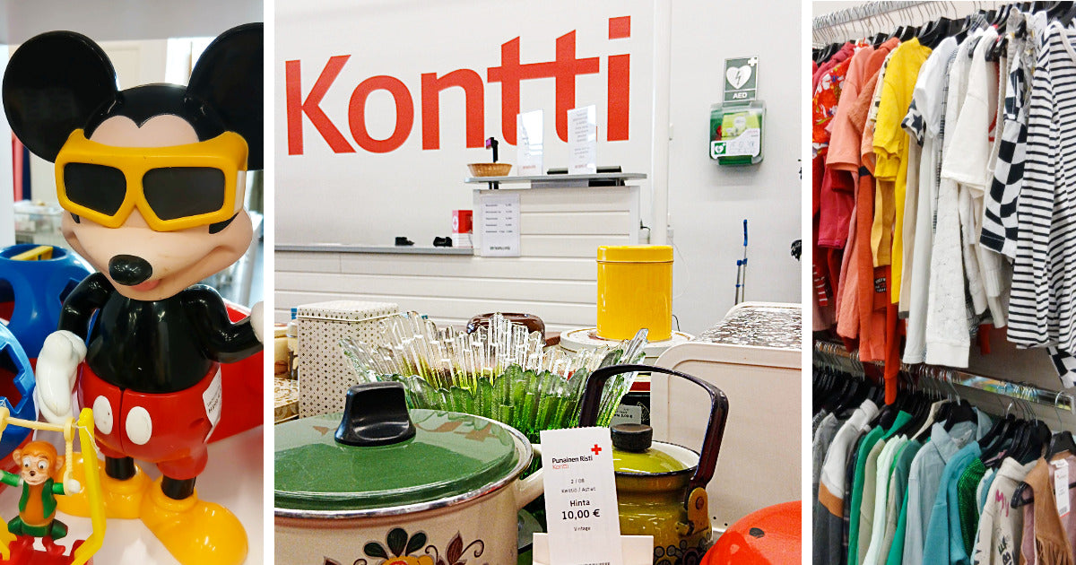 Kolme kuvaa Kuopion Kontista: Mikki Hiiri -figuuri, retroastioita ja vaatteita seinärekeissä.