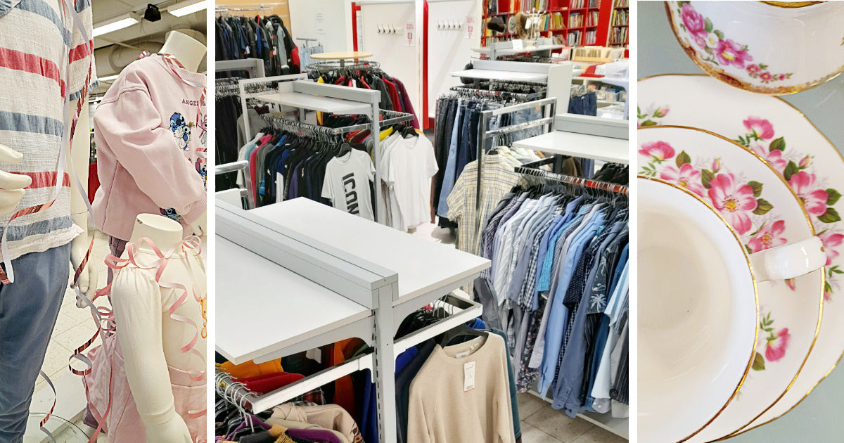 Kolme kuvaa Lahden Kontista: lapsimallinuket hempissä kevätvaatteissa, yleisnäkymä miesten vaateosastolta sekä lähikuva pinkkikukkaisesta kahvikuppisetistä.