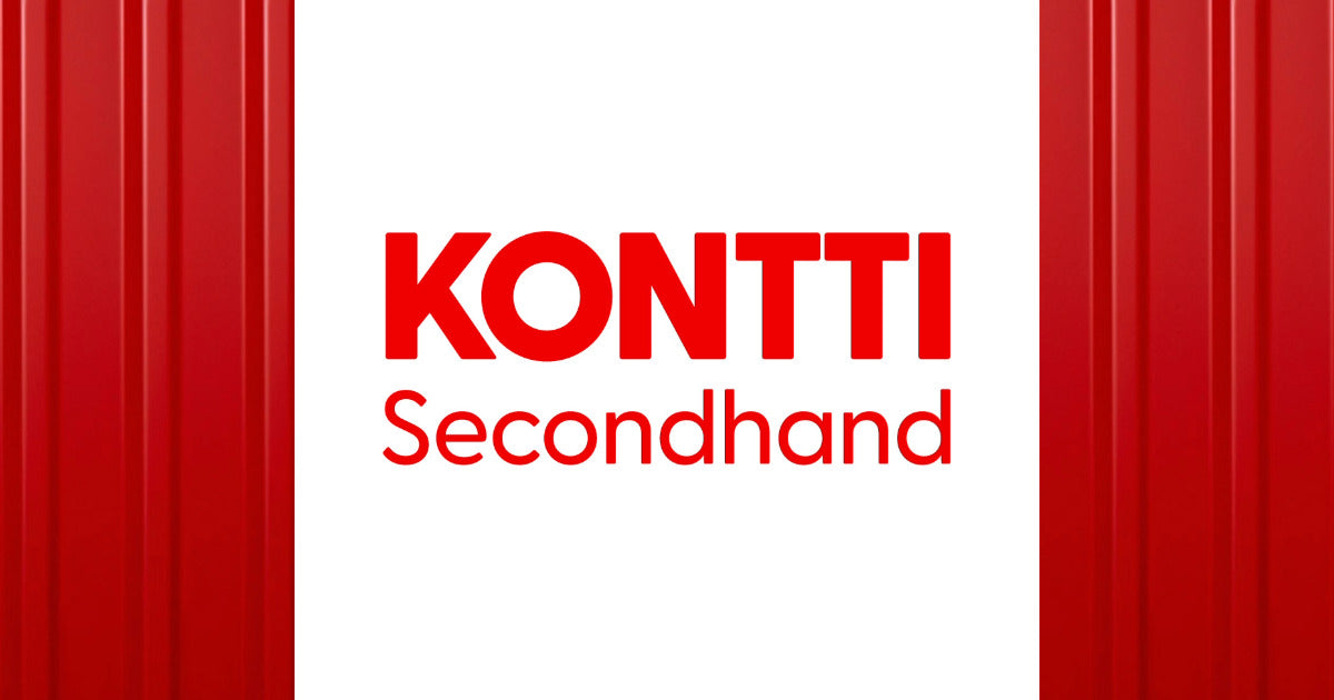 Kontti Secondhand -logo keskellä ja reunoilla punaista konttiseinää.