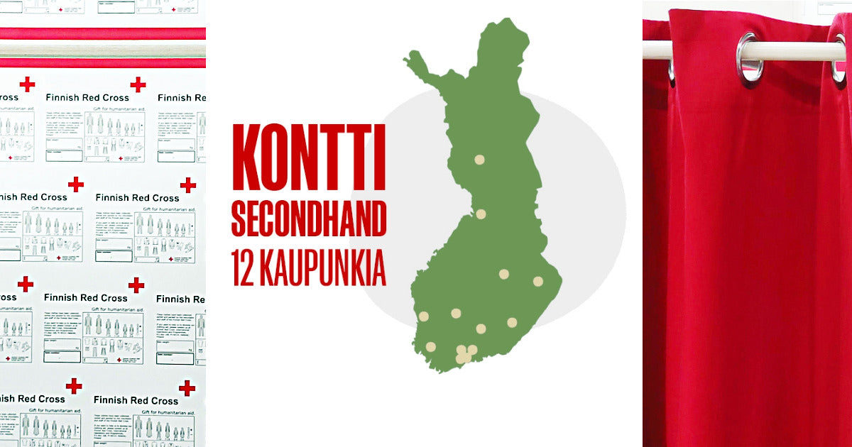 Suomen kartta, johon on merkitty Kontti-paikkakunnat palloilla. Teksti: Kontti Secondhand 12 kaupunkia. Reunoilla Kontin sovituskoppi.