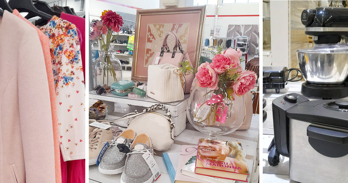 Kolme kuvaa Porin Kontista: naisten keväisiä vaatteita henkereissa, asetelma keväisiä asusteita, kirjoja ja sisustusta, sekä kodinkoneita.