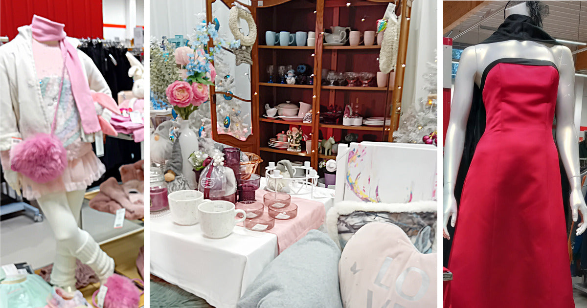 Kolme kuvaa Joensuun Kontista: lapsimallinuken päällä hempeät vaatteet, sisustusstailaus, jossa astioita vitriinikaapissa ja pöydällä sekä punainen olkaimeton iltapuku mallinuken päällä.